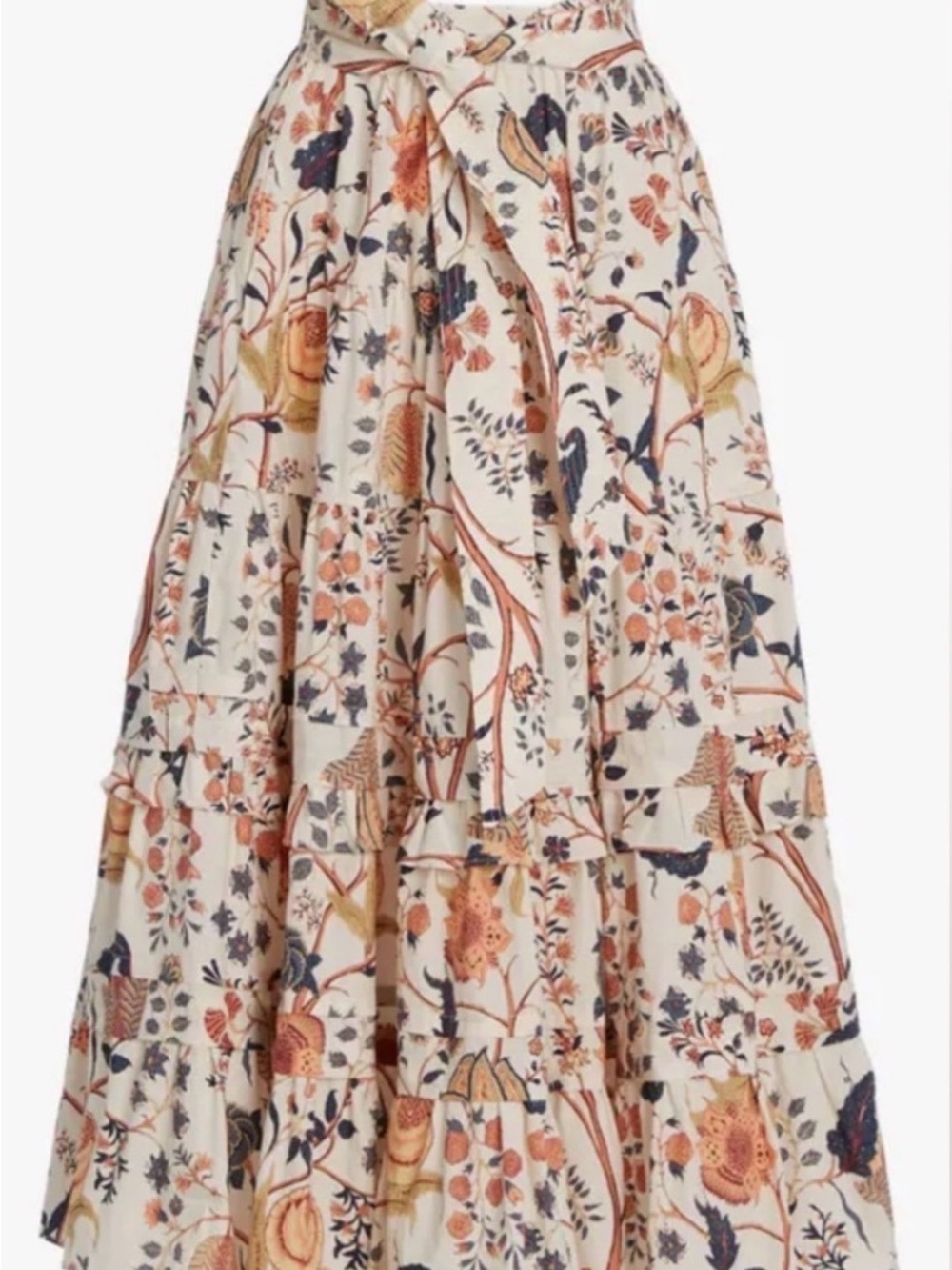 Ulla Johnson Cream Floral Tiered Maxi Skirt with Peach and Navy Accents